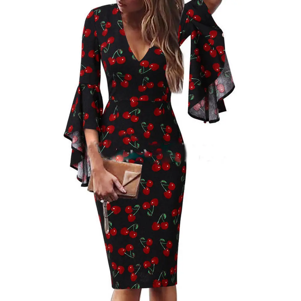 Женское платье с V-образным вырезом однотонное облегающее в горошек