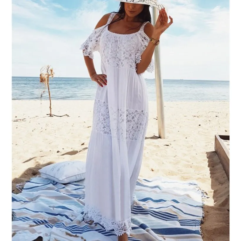 

2019 Summer Bohemian A-line Maxi Dresses Sexy Strap Cold Shoulder Hollow Out Lace Dress Women Long Beach Dress