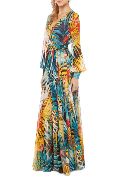 AZULINA женское платье элегантное с длинным рукавом фонариком и тропическим принтом