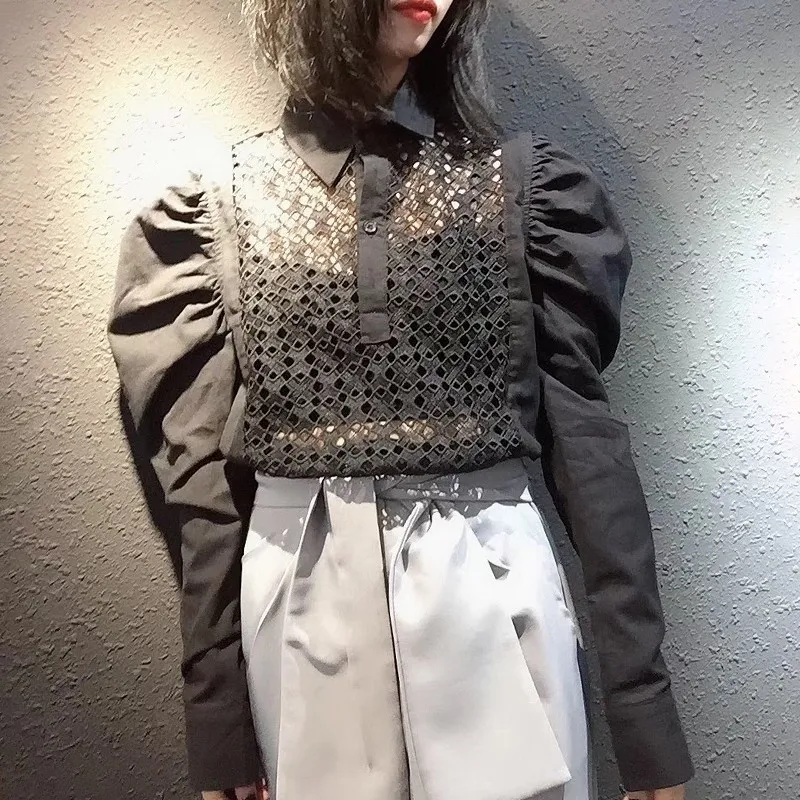 TWOTWINSTYLE корейские рубашки блузка Для женщин нагрудные Puff длинным рукавом