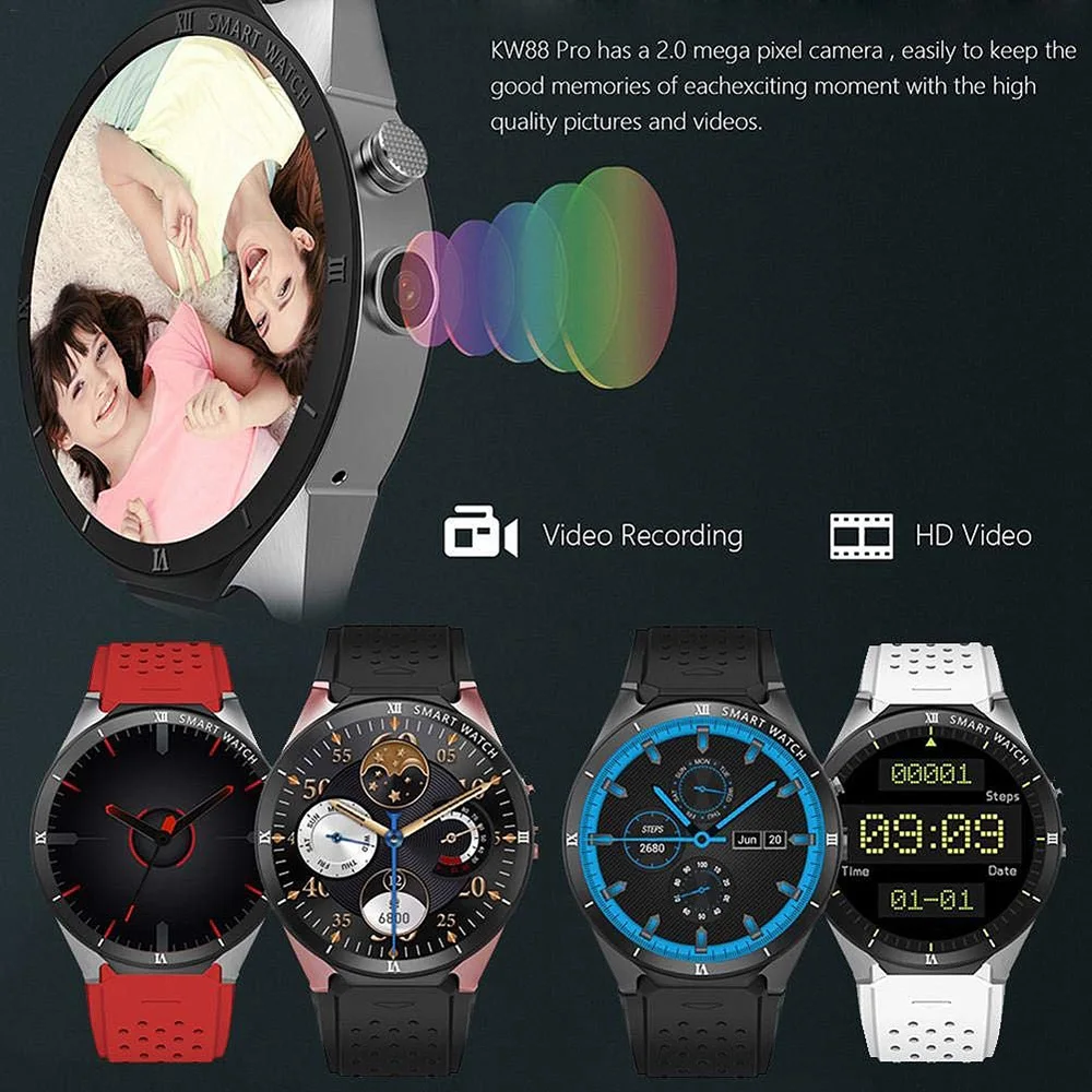 Kingwear Kw88 Pro 3g Смарт-часы Android 7 0 1. hz четырехъядерный 16 Гб Wifi Gps 2Mp камера монитор
