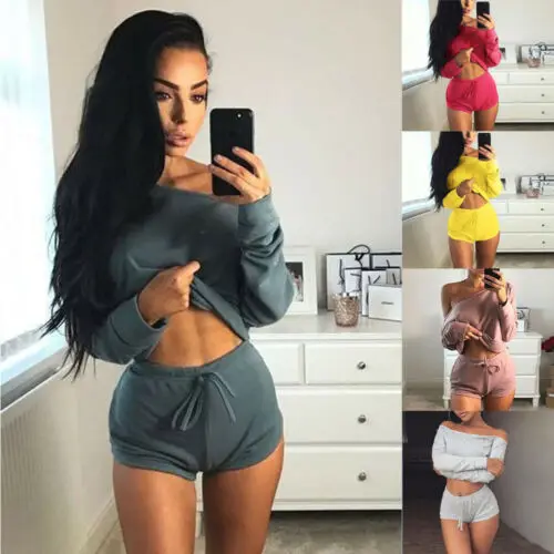 Женские модные комплекты из 2 предметов спортивный костюм короткий топ на одно