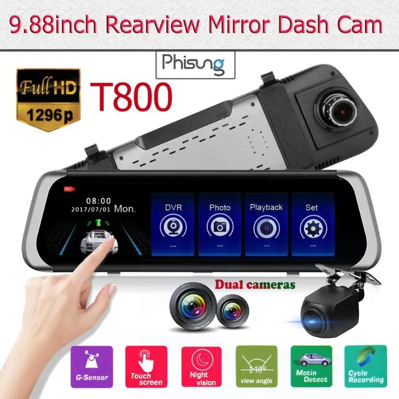 Phisung T800 1296P + 720P двойной объектив ночного видения Автомобильный видеорегистратор