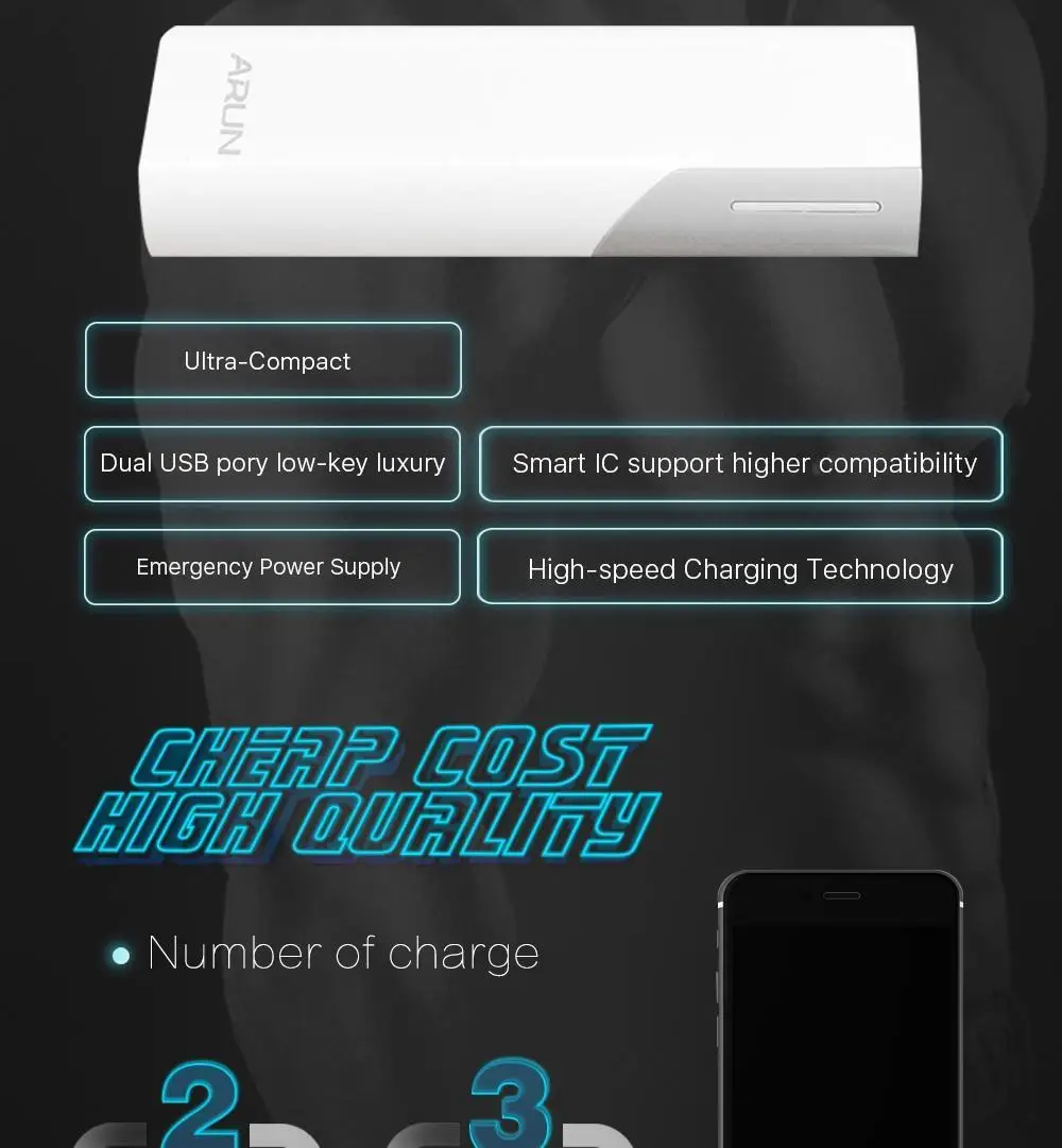 ARUN 4000 mAh Мощность Bank внешняя Батарея 2 USB полимер мобильный телефон для быстрой