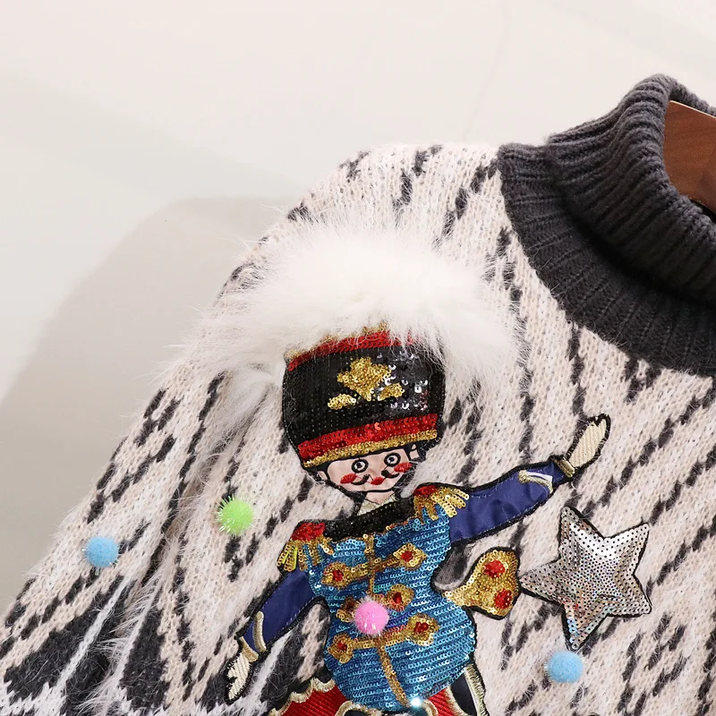 2018 Winter Casual White Knitted Sweater Pullovers Women Runway Designer Cartoon Sequins Female Sweet Striped Jumper Clothing | Женская