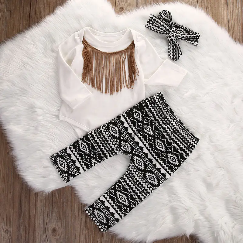 Spring Autumn Long Sleeve Tassel Bodysuit Tops Pants Headband Girl Clothing Cotton Outfits 3pcs Fashion Baby Girls Set | Детская одежда