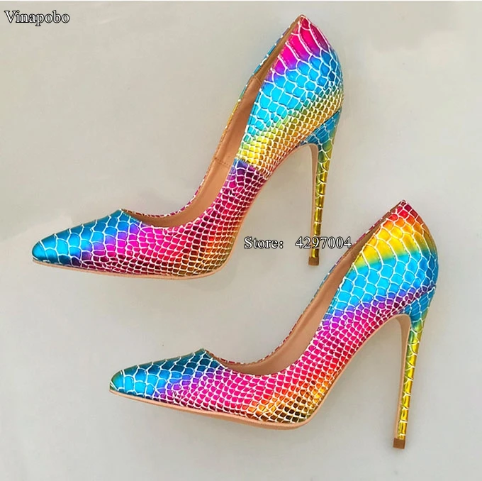 

2019 New Pointed Toe Shoes Women Colorful Rainbow Snake Printed Pumps 8/10/12cm High Heels Genuine Leather Stilettos Women Shoes