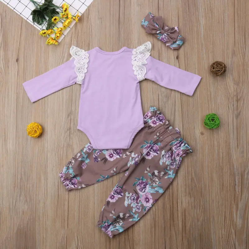 3Pcs Newborn Baby Girl Floral Clothing Sets Lace Tops Romper Bownot Pants Headband Autumn Cute Outfits Clothes | Детская одежда и