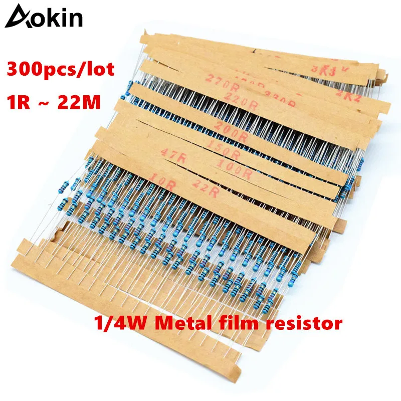 

300pcs 1/4W Metal film resistor 1R ~ 22M 100R 220R 330R 1K 1.5K 2.2K 3.3K 4.7K 10K 22K 47K 100K 100 220 330 1K5 2K2 3K3 4K7 ohm