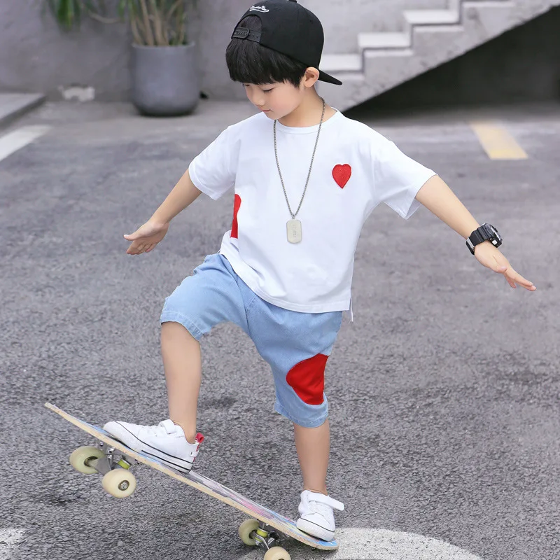 children casual patch 2 pcs set age for 3 - 12 yrs baby boys summer clothes t-shirt+short-pants simple school outfits 2019 | Детская
