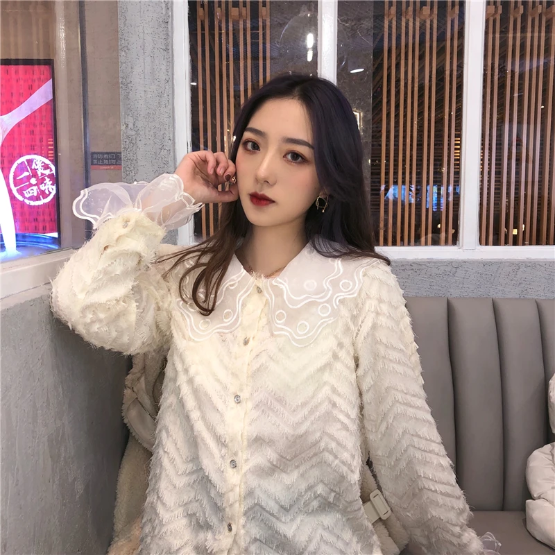 Женская одежда новая модная кружевная блузка в японском стиле с О-образным