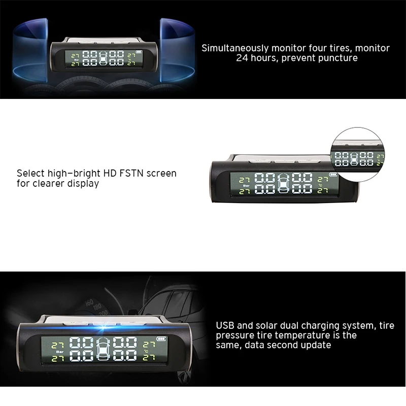 Умный автомобиль TPMS солнечной энергии USB внешний внутренний датчик давления в