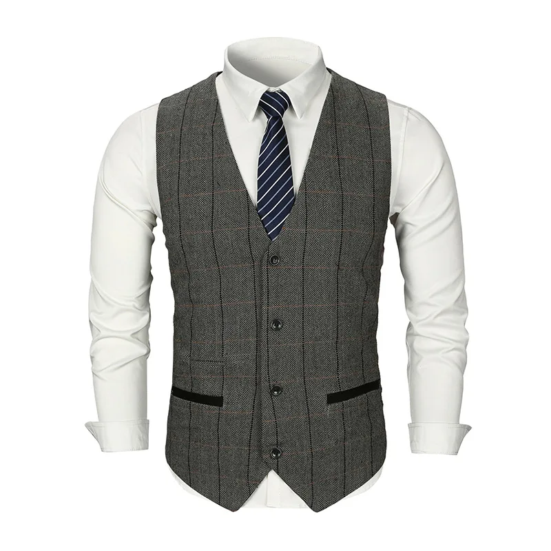

Autumn and winter new youth leisure pure color plaid waist design V collar four buckles suit vest