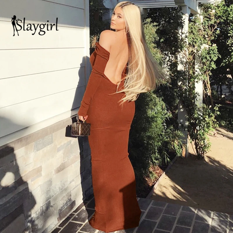Женское платье с открытой спиной Slaygirl длинное открытыми плечами длинным рукавом