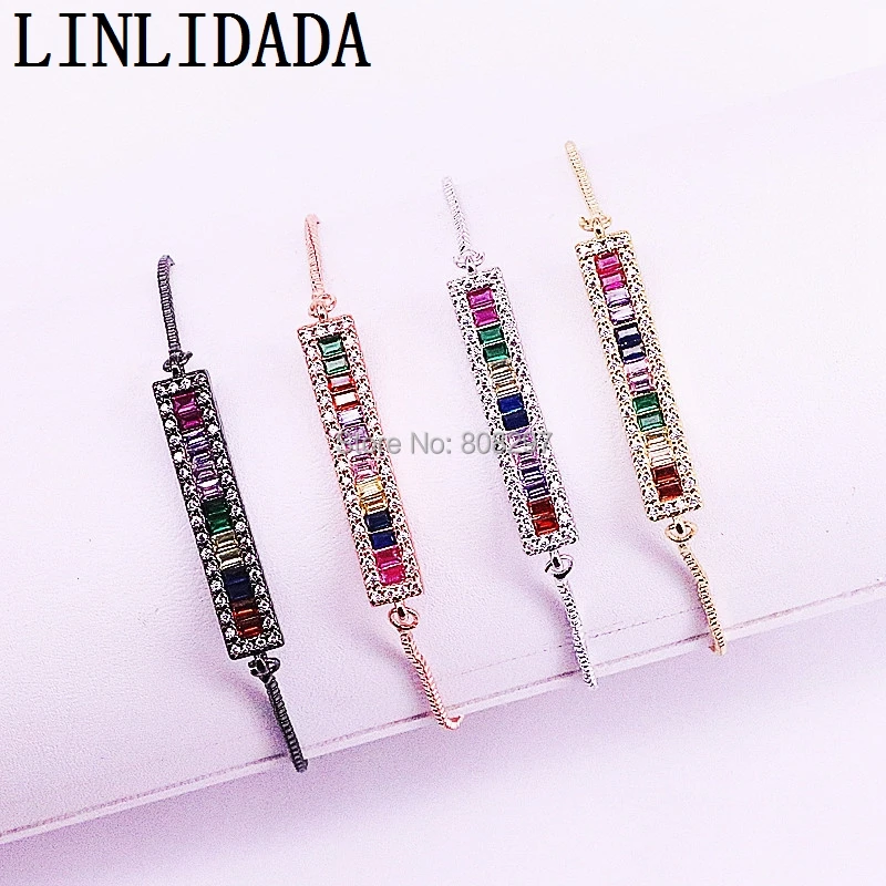 

10Pcs New Micro Pave Cubic Zirconia Crystal Adjustable CZ Rectangle Bar Bracelets for Women or Girls