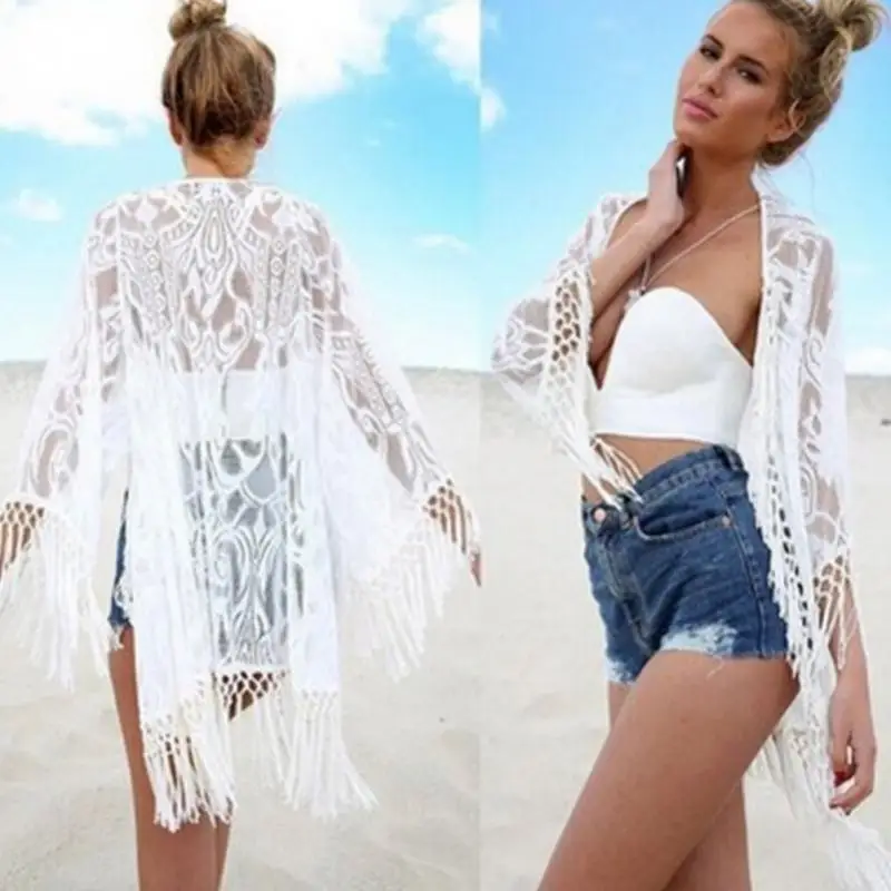Лето 2019 женская Пляжная накидка топы длинные блузки женские богемные кружевные