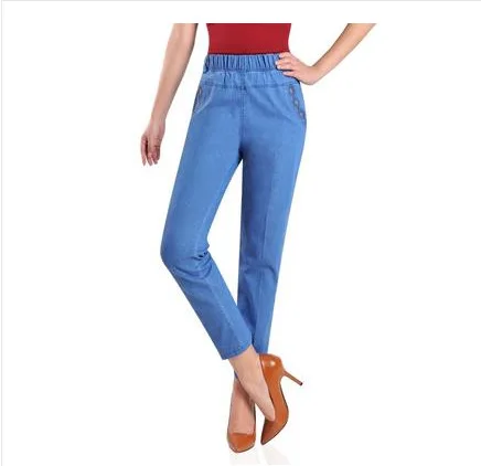 

Elastic High Waist Jeans Woman Spring Summer Middle Aged Women Thin Denim Straight Pants Plus Size 5XL