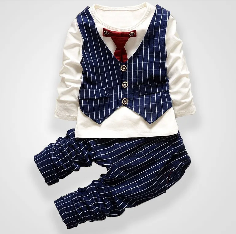 

Fashion Party Wedding Baby Boys Girls Children's Tie Dress Stripe Tops + Plaid Pants Christmas Clothing Sets 0-3 Sport Suit