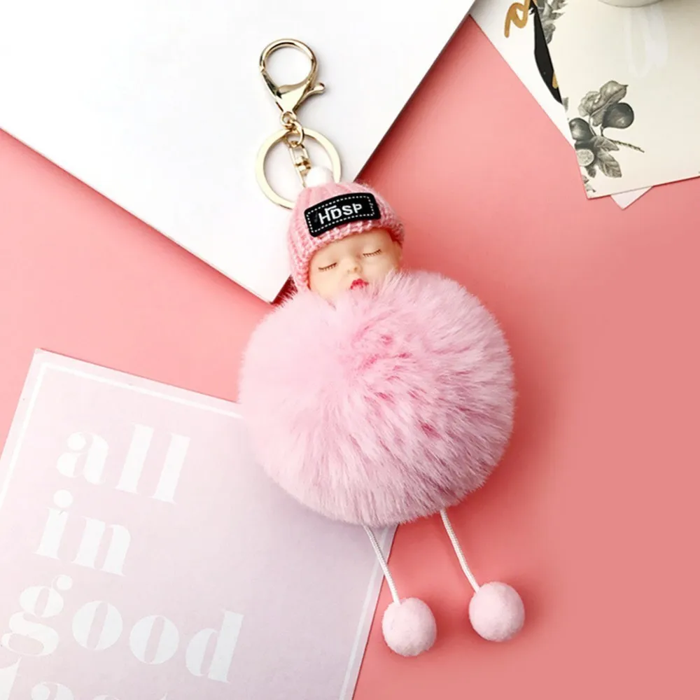New Cute Sleeping Baby Doll Keychain Pompom Rabbit Fur Ball Key Chain Car Keyring Women Holder Bag Pendant Charm Accessory | Дом и сад