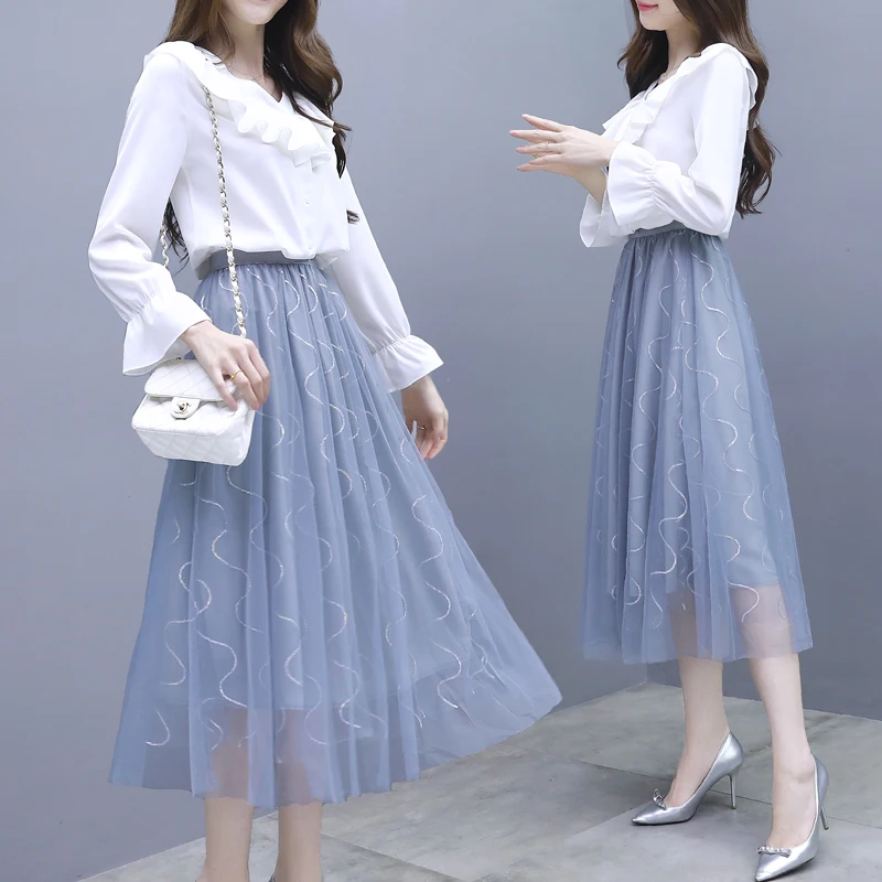 2019 Spring New Woman Fairy Two-Piece Sweet French Fashion Suits White Chiffon Shirt V Neck Blouse Top Long Net Skirt S-XXL |