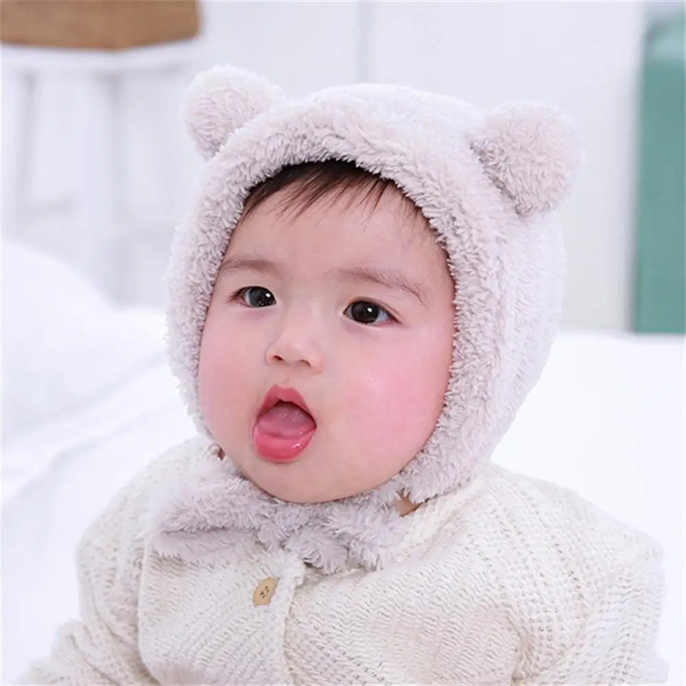 2018 Boys and Girls Autumn Winter Hat Baby Earmuffs Bear Head Cap Children's Double Ball Plush |