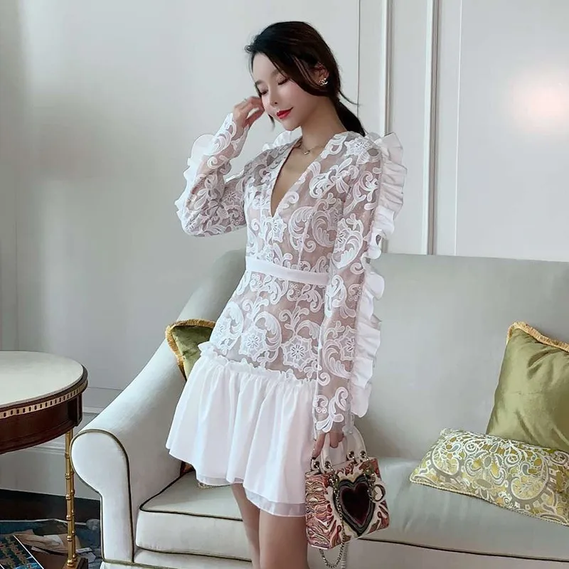 TWOTWINSTYLE 2019 Spring Dresses For Women V Neck Long Sleeve Patchwork Ruffle High Waist Elegant Party Dress Female Fashion | Женская