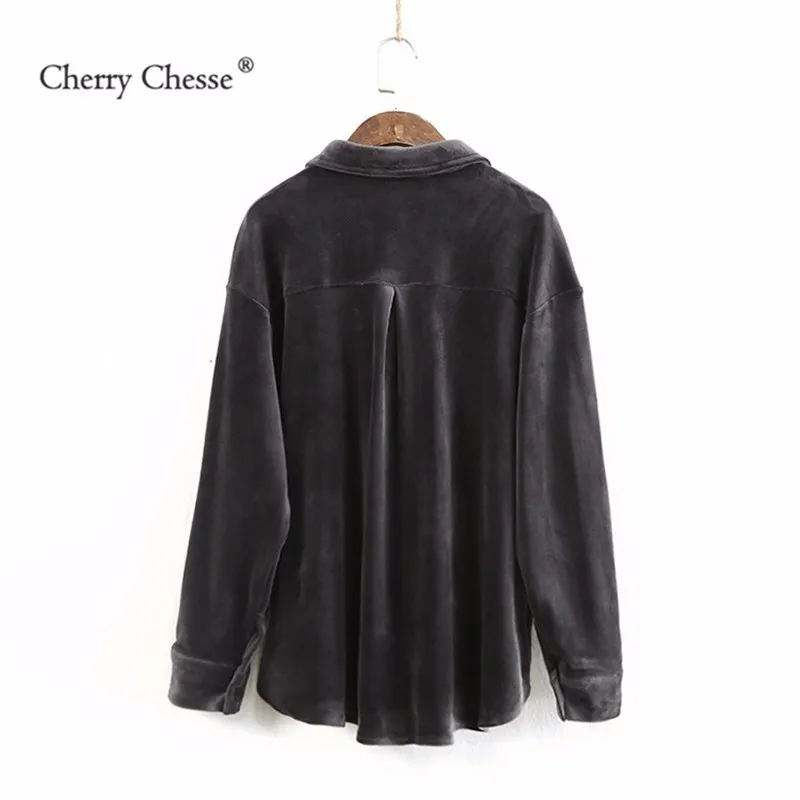 Cherry Chesse Винтаж для женщин флисовая Блузка Кнопка отложной воротник Топы
