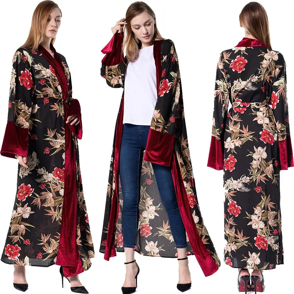Открытым abaya Макси Вельветовое платье Для женщин Дубай Кафтан Костюмы 2019