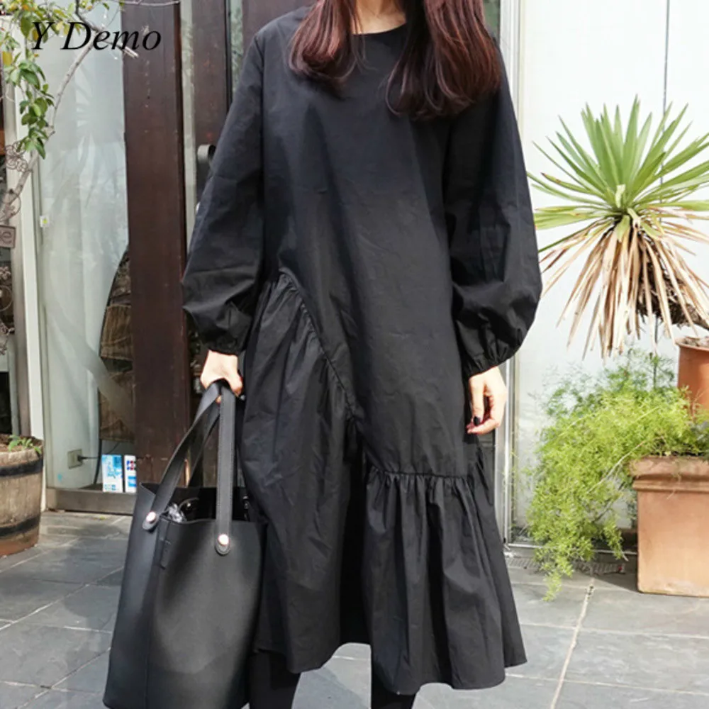 Корейское милое однотонное длинное женское платье с плиссированными оборками