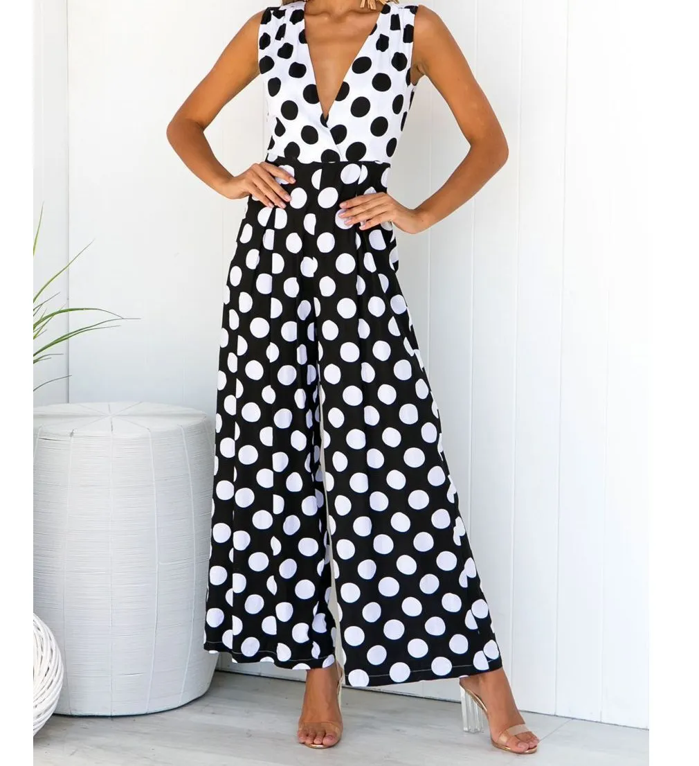 Сексуальный комбинезон в горошек элегантный с v образным вырезом широкие брюки