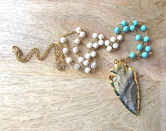 ?? ロングハウライトビーズネックレスボヘミアン矢印ペンダントネックレスターコイズビーズ