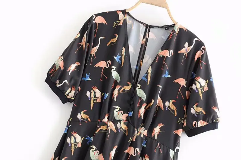 Новая женская Птица Фламинго печати короткий рукав черный v образным вырезом