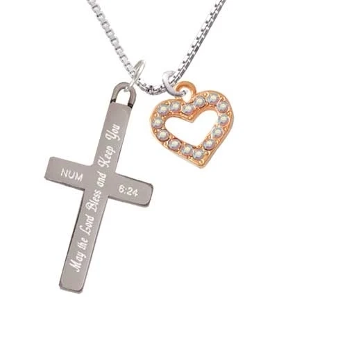 Rose Gold-colored Tone Ab Crystal Open Heart - Bless And Keep You Cross Necklace | Украшения и аксессуары