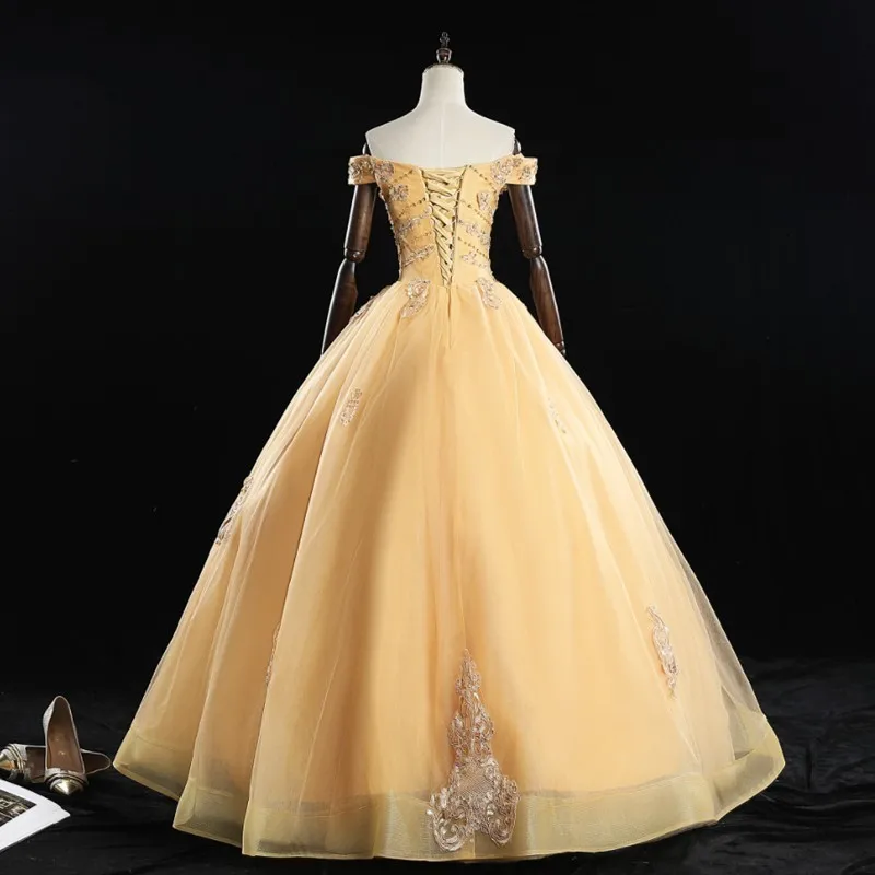 Роскошное Золотое бальное платье принцессы Quinceanera милые платья с открытыми
