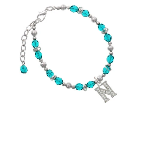 Silvertone Crystal Initial - N Teal Beaded Bracelet |