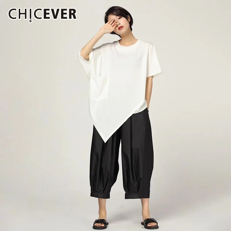 CHICEVER Летние повседневные однотонные Лоскутные карманы асимметричный подол Топы