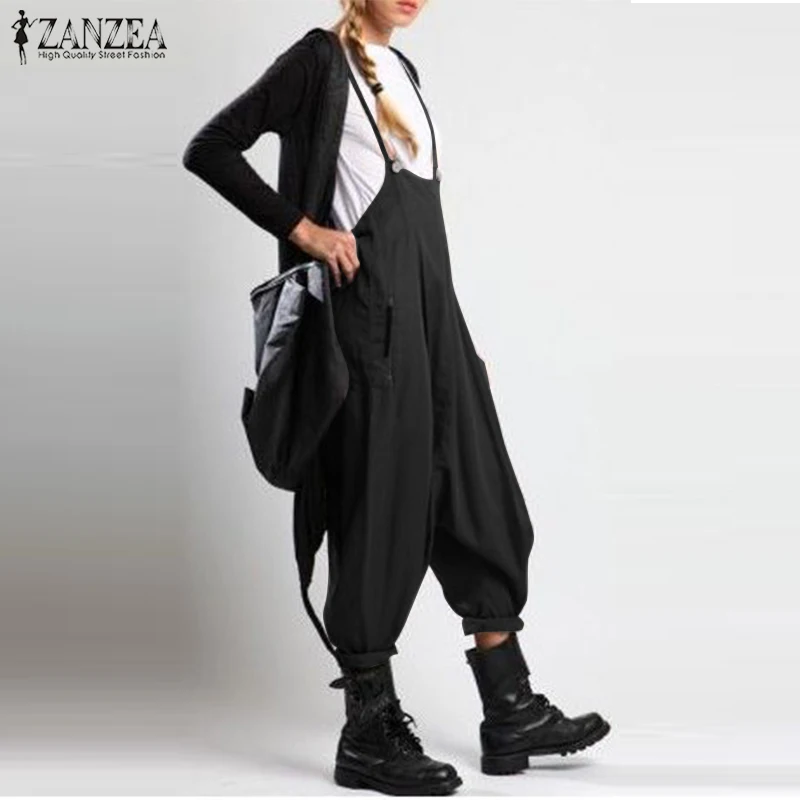 Fashion ZANZEA Women Summer Strappy Solid Drop Crotch Jumpsuits Casual Loose Playsuits Rompers Ladies Party Suspenders Overalls |