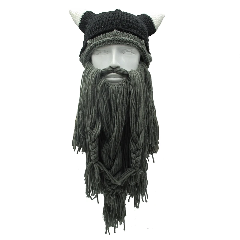 

Funny Man Vikings Beanies Knit Hats Beard Ox Horn Handmade Knitted Men's Winter Hats Warm Caps Women Gift Party Mask Cosplay Cap