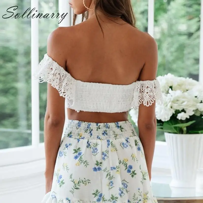 Sollinarry/белые укороченные топы с открытыми плечами для женщин кружевные