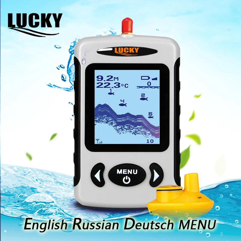 

Lucky FFW718 Wireless Portable Fish Finder 40M/120FT Sonar Depth Sounder Alarm Ocean River Lake English Russian Manu Fishfinder