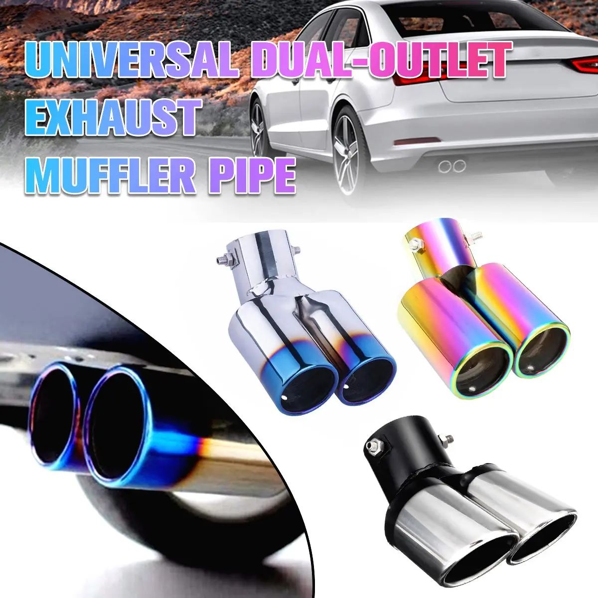 

Universal Car Auto Grilled Blue Curved Tail Stainless Steel Muffler Exhaust Pipe Double Twin Tip For KIA for Ford for Honda