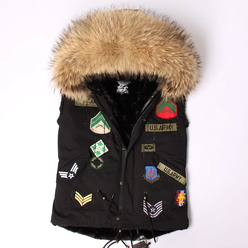 maomaokong 2018 winter women sleeveless waistcoat embroidery Cotton parka big natural real raccoon fur collar army green coat | Женская