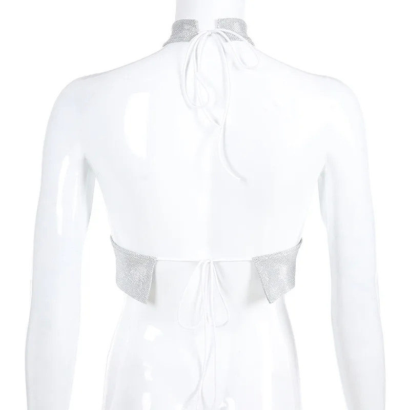 Women Halter Glitter Silver Silk Bandage Sexy Top Turtleneck Off The Shoulder Club Tee Front Hollow Out Backless Shirt | Женская одежда