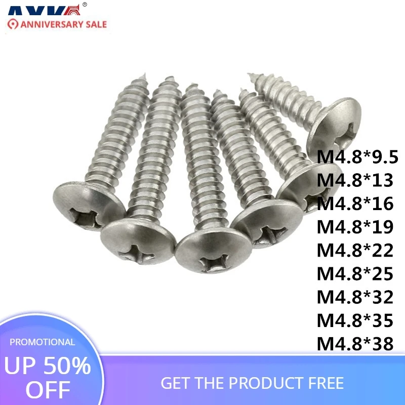 AXK 10 шт 201 нержавеющая сталь крест большая плоская головка саморезы M4.8 * 9 5-50 мм |