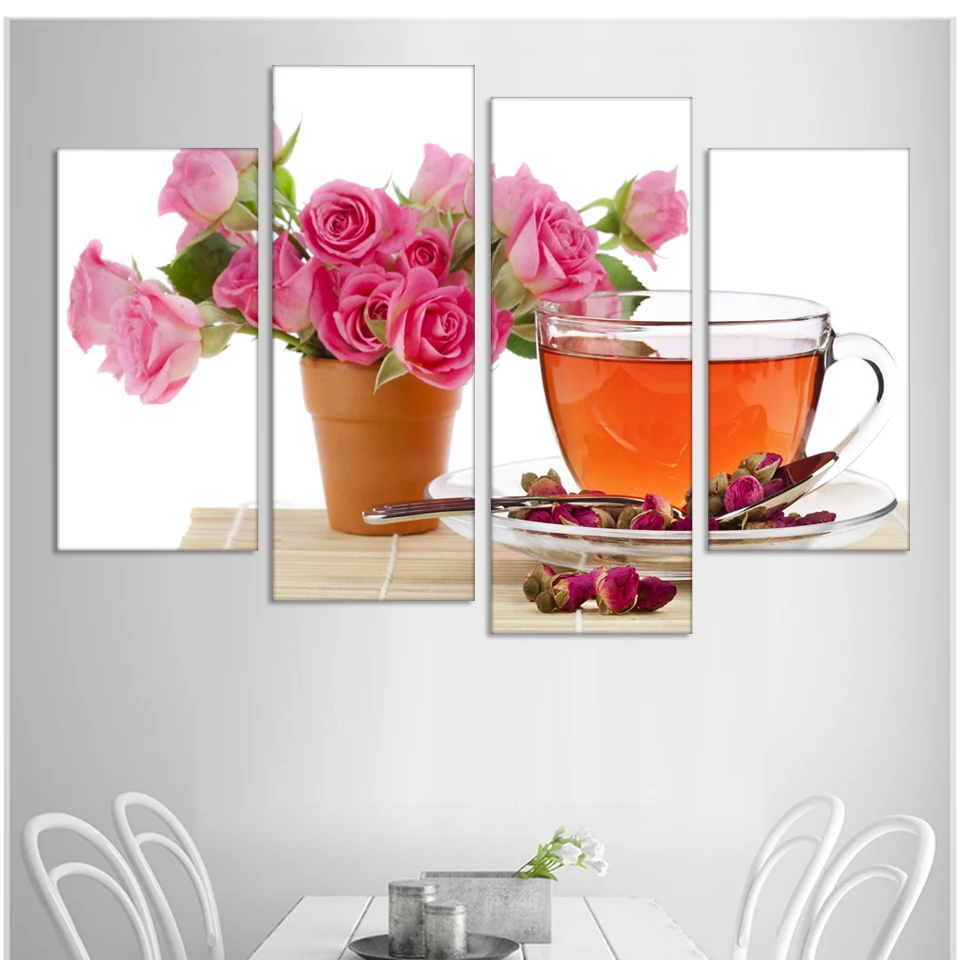 

Cheap Hot kitchen 4 piece canvas wall art Modern coffee Wall Tea Painting flower Home Art Picture Paint on Canvas poster decor