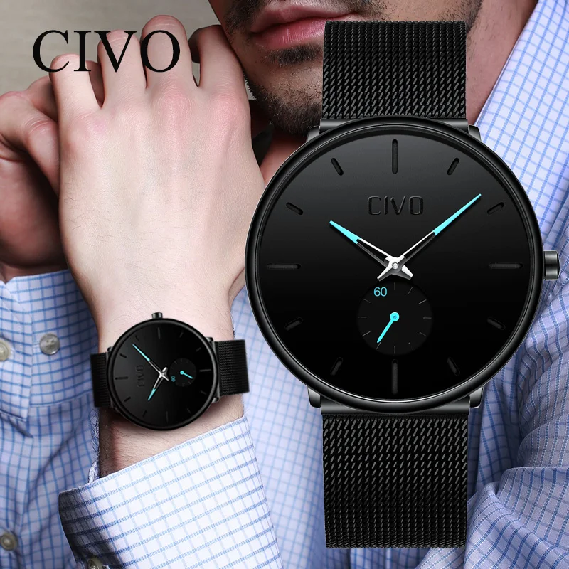 CIVO Лидирующий бренд 2019 роскошные часы мужские Ультра тонкие из нержавеющей стали