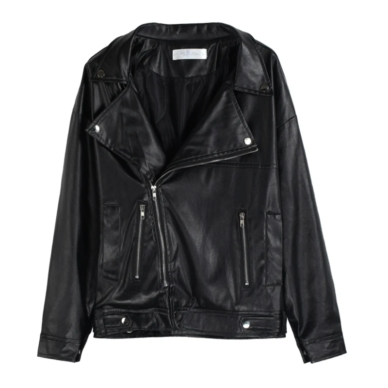 2019 New Black PU Locomotive Clothing Loose Women Basic Coat Fashion Streetwear Vintage Female Jacket Leather Outerwear HJ193