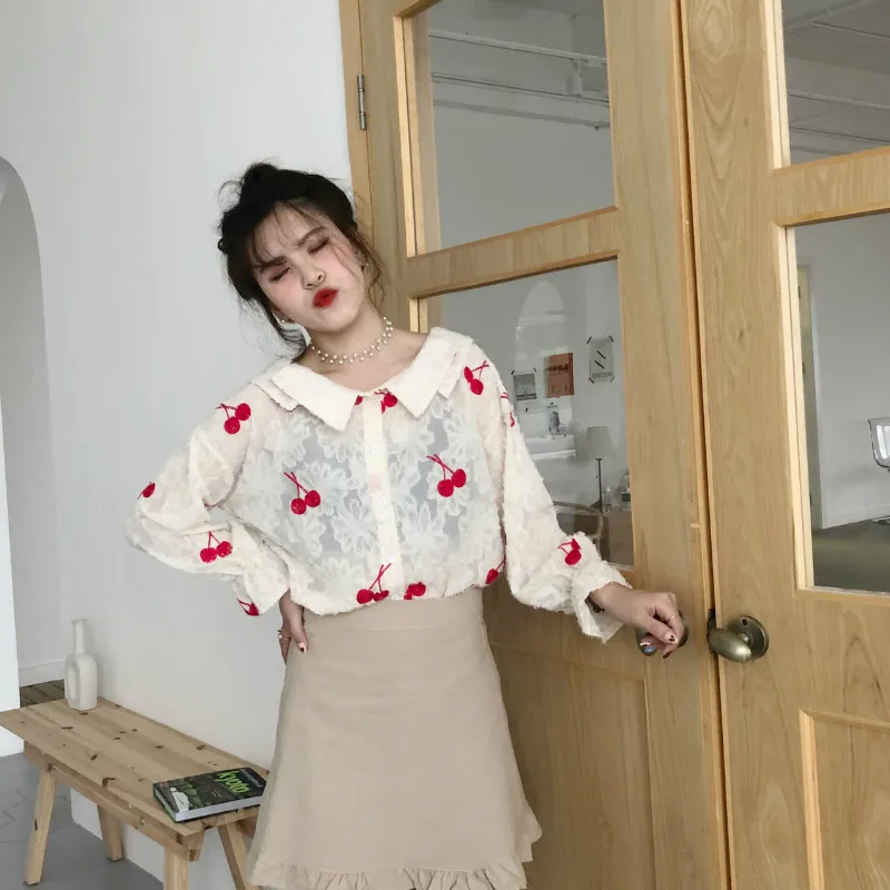 Женская блузка с вышивкой в виде вишни Lychee весенне-осенняя милая круглым