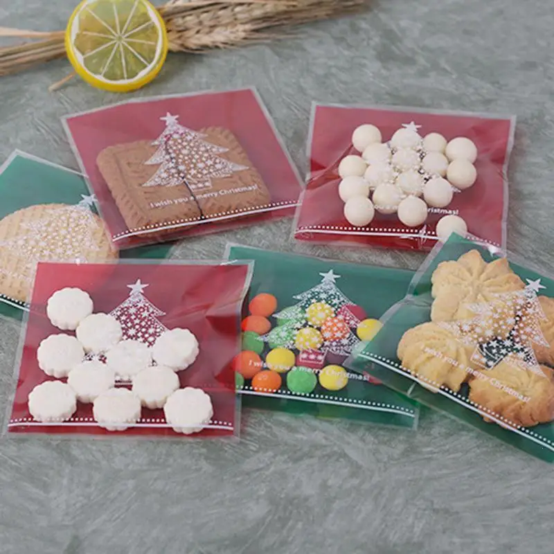 100Pcs Christmas Bag Santa Claus Snowman Cellophane Pocket Cookie Fudge Candy Gift Merry Biscuit Packaging S3 | Дом и сад