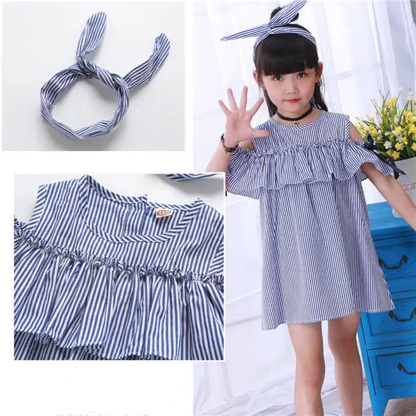 Детское платье в полоску с открытыми плечами и вышивкой  Детская одежда